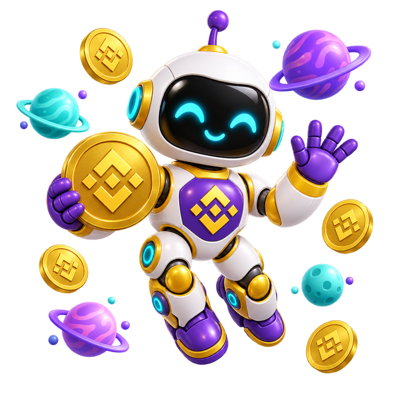 Dax, a smiling white, gold, and purple cartoon robot, waving among colorful planets and golden BNB coins